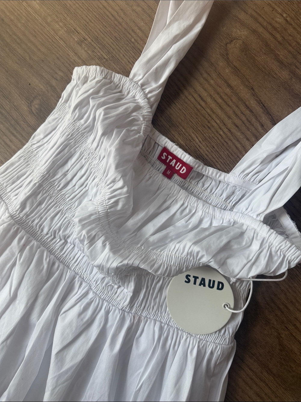 NWT Staud Ida Smocked Bodice Midi Dress in White Size Medium